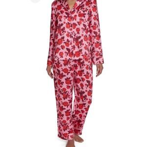 2 Piece Ladies Size Large Loft Pajamas Pink Roses Satin Notch Collar